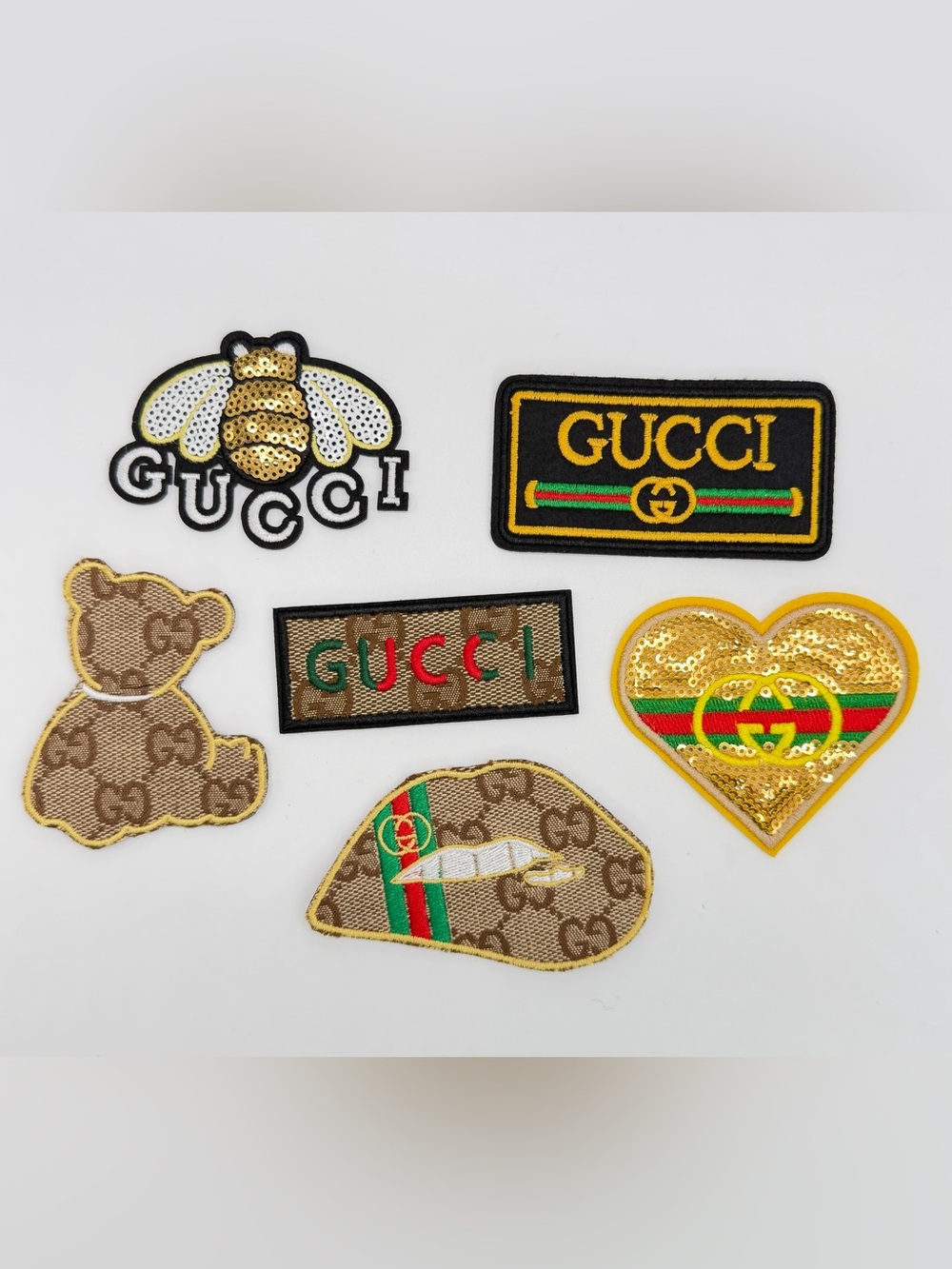 New 6pc logo iron-on patch set, khaki, gold, black, red & green